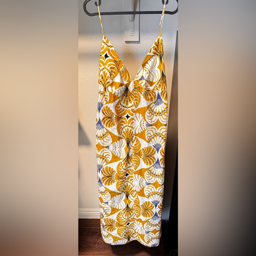 Zara Yellow and Blue Leaf Print Midi Dress